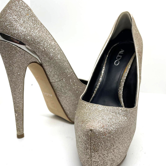 Aldo Gold Glitter Platforms Ultra High Heel Platform Sparkle Shoe Size 7 - Picture 8 of 9
